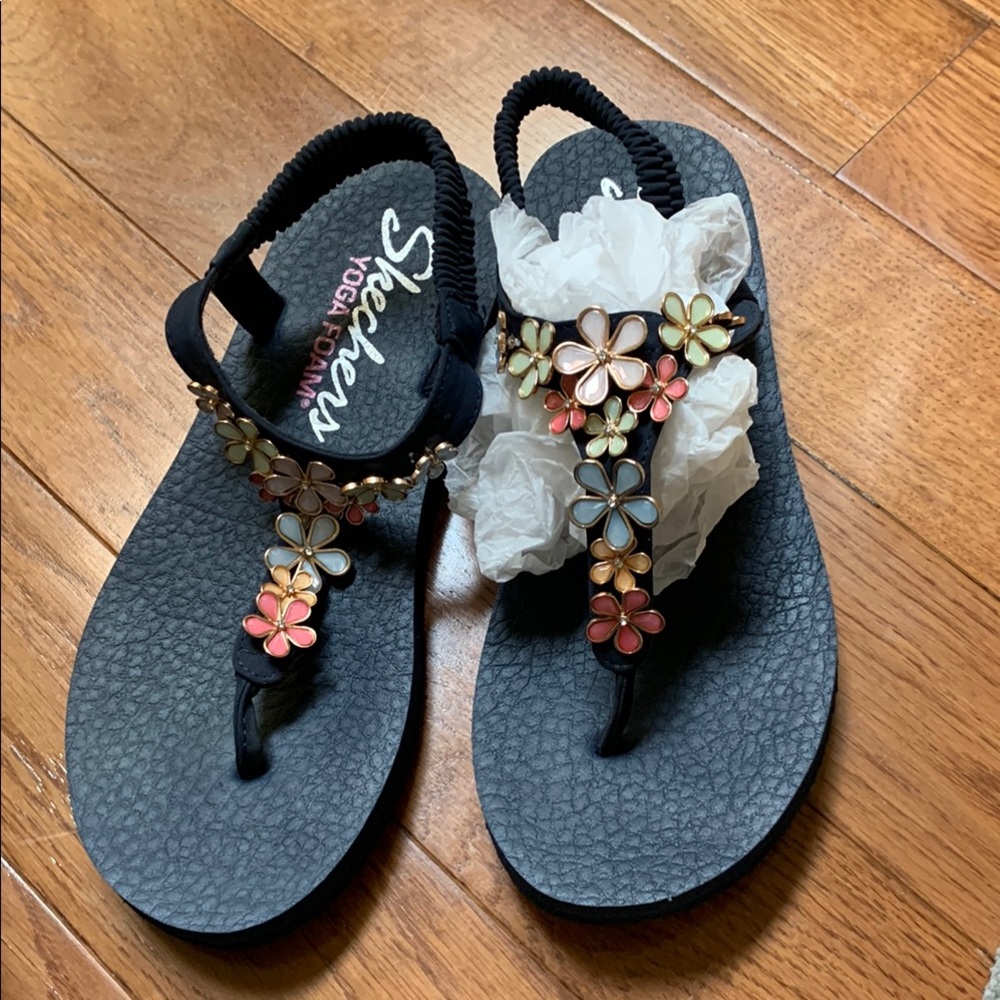 Skechers Black Sandals with Colorful Floral Accents